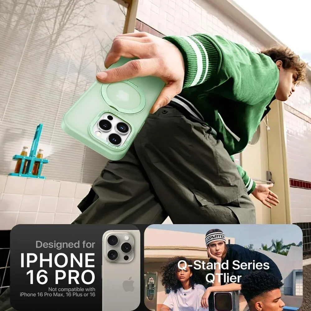 QTlier case iPhone 16pro 360 Rotatable Ring Stand Shockproof with MagSafe Green